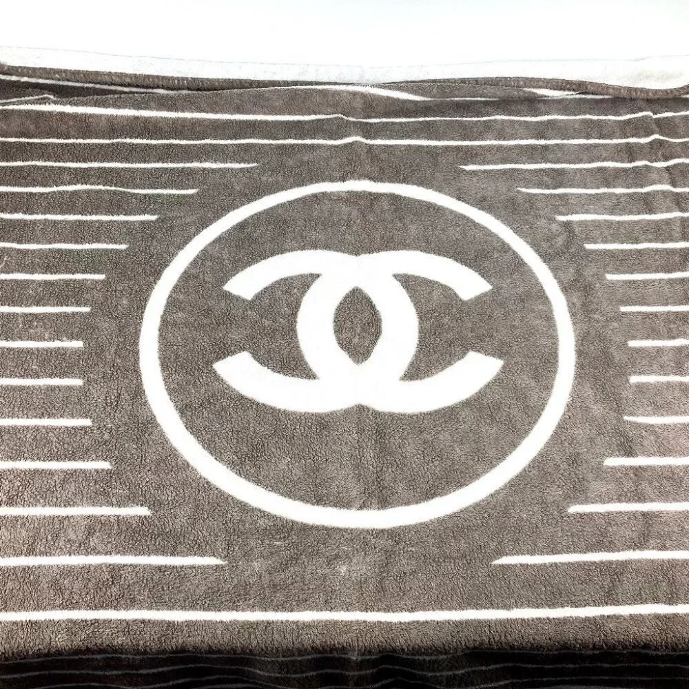 CHANEL Logo Stripe CC CC Mark Bath towel Interior Throw towel Gray Based/White